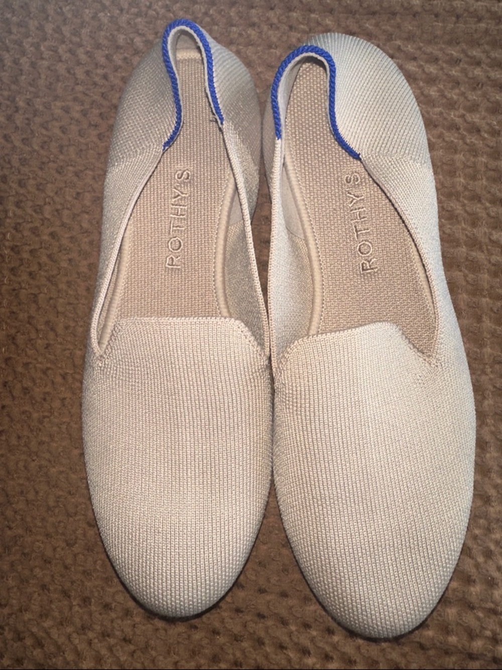 Rothy's Cream Knit Slip-On Flats with Blue Heel Trim